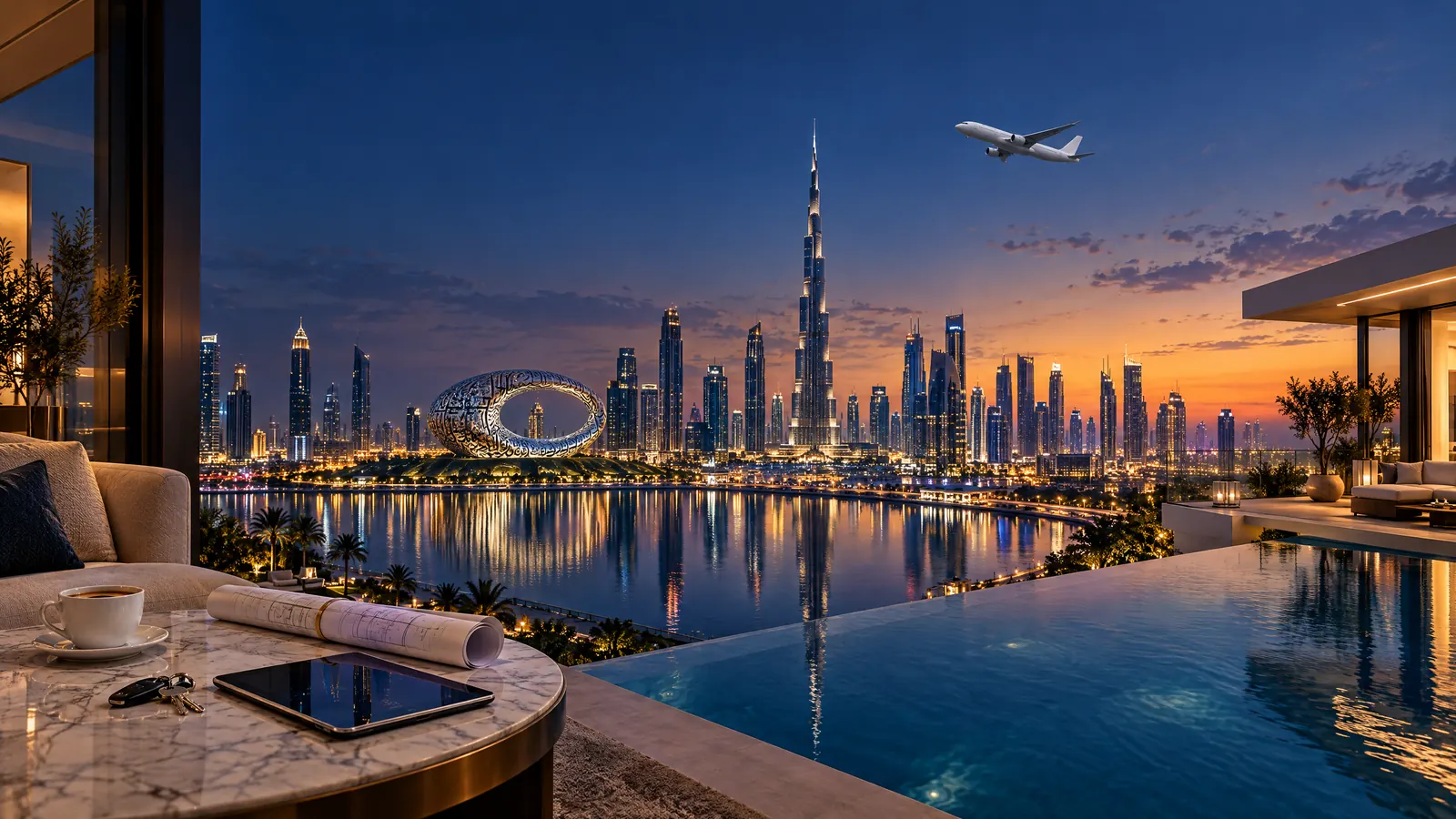 Esti dubaji látkép a Burj Khalifával és a Museum of the Future-rel, érkező repülőgéppel, luxuslakás teraszáról és végtelenített medencés villából nézve